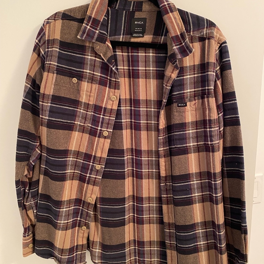 Mens RVCA Tan Navy Plaid Button-Up Shirt Flannel Size Medium